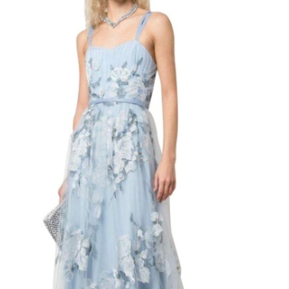 Marchesa Notte Blue Sleeveless Embroidered Tulle Layered Gown Formal Dress
